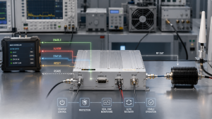 RF Power Amplifier control logic early planning showing enable rules, alarm meaning, status feedback, reset behavior, communication mapping, and integration workflow