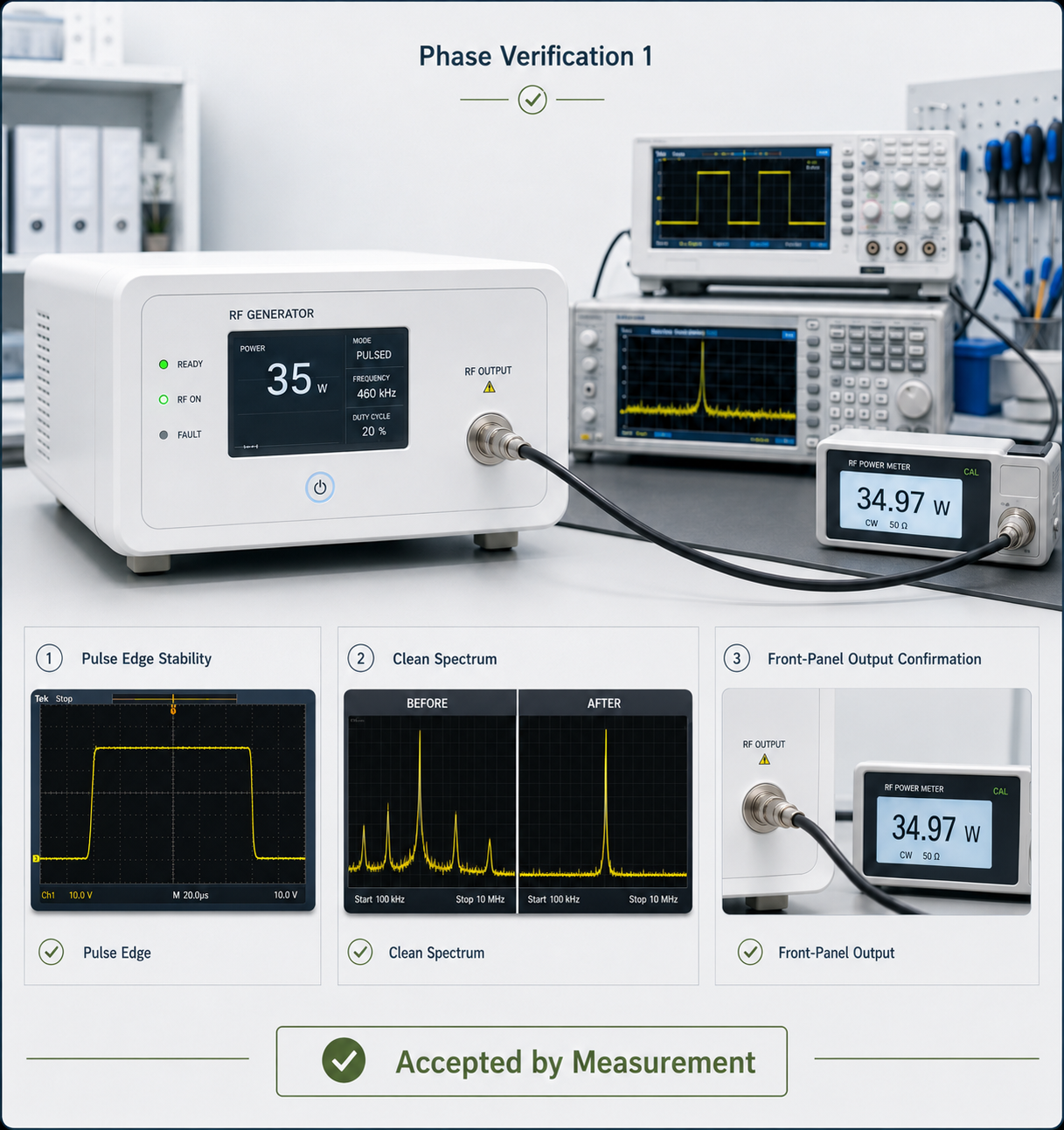 Engineer verifying RF spectrum and oscilloscope waveforms