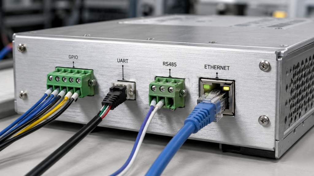 RF Power Amplifier communication interface options including GPIO, TTL, UART, RS485, CAN, Ethernet, AT commands, and analog voltage control
