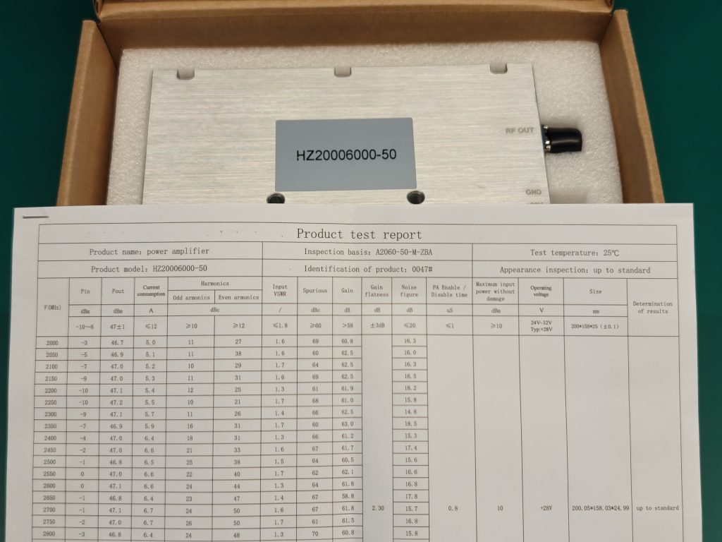 RF power amplifier module shown with its final test report to illustrate unit-level test and traceability records