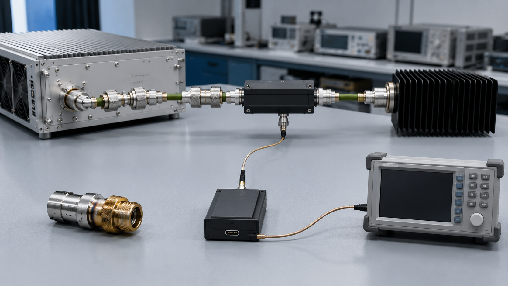 RF power amplifier test setup with an adapter chain, directional coupler, power sensor, power meter, and high-power dummy load