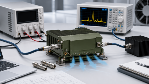 RF power amplifier reliability test setup showing 28V DC input, dummy load, gain flatness, VSWR protection, thermal control, and S/N-linked test evidence.