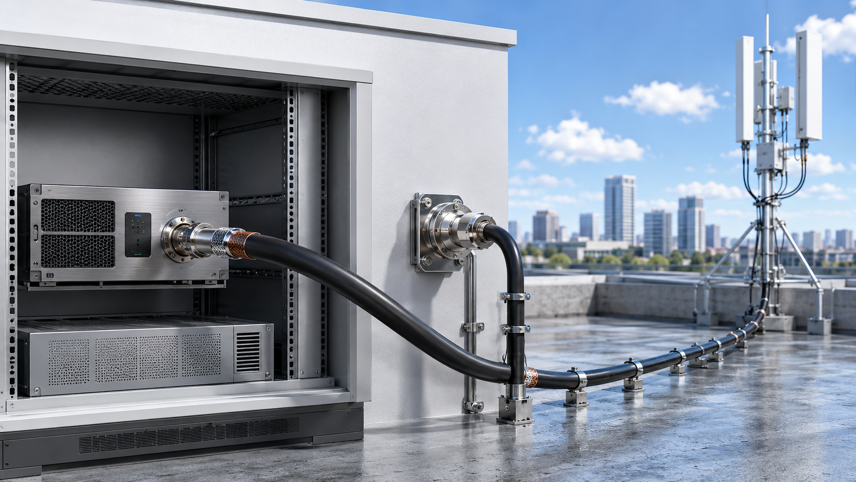 RF power amplifier connected to a high-power coaxial feeder cable for outdoor antenna installation