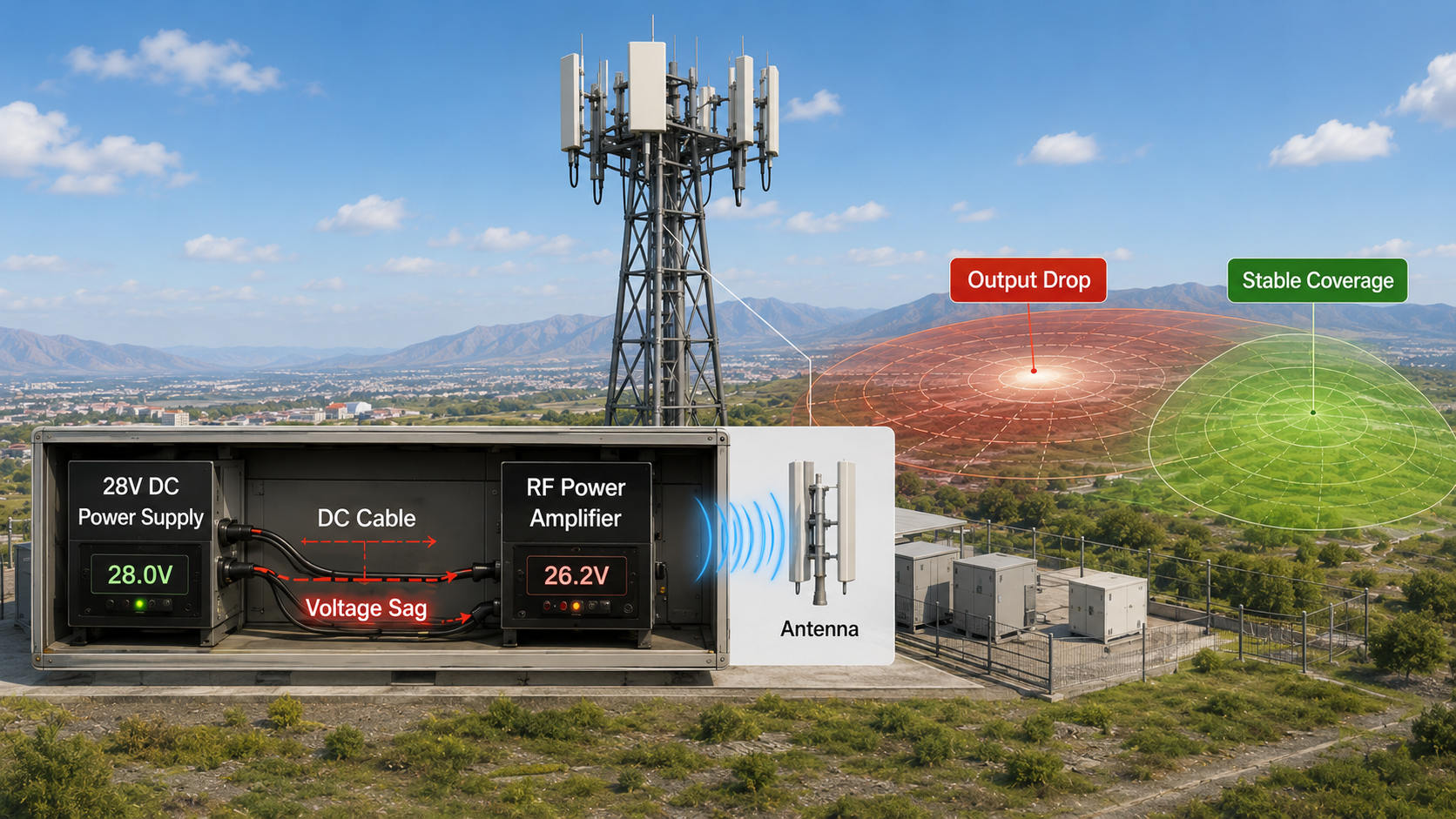 RF Power Amplifier power supply stability preventing voltage drop, current shortage, and RF output power reduction