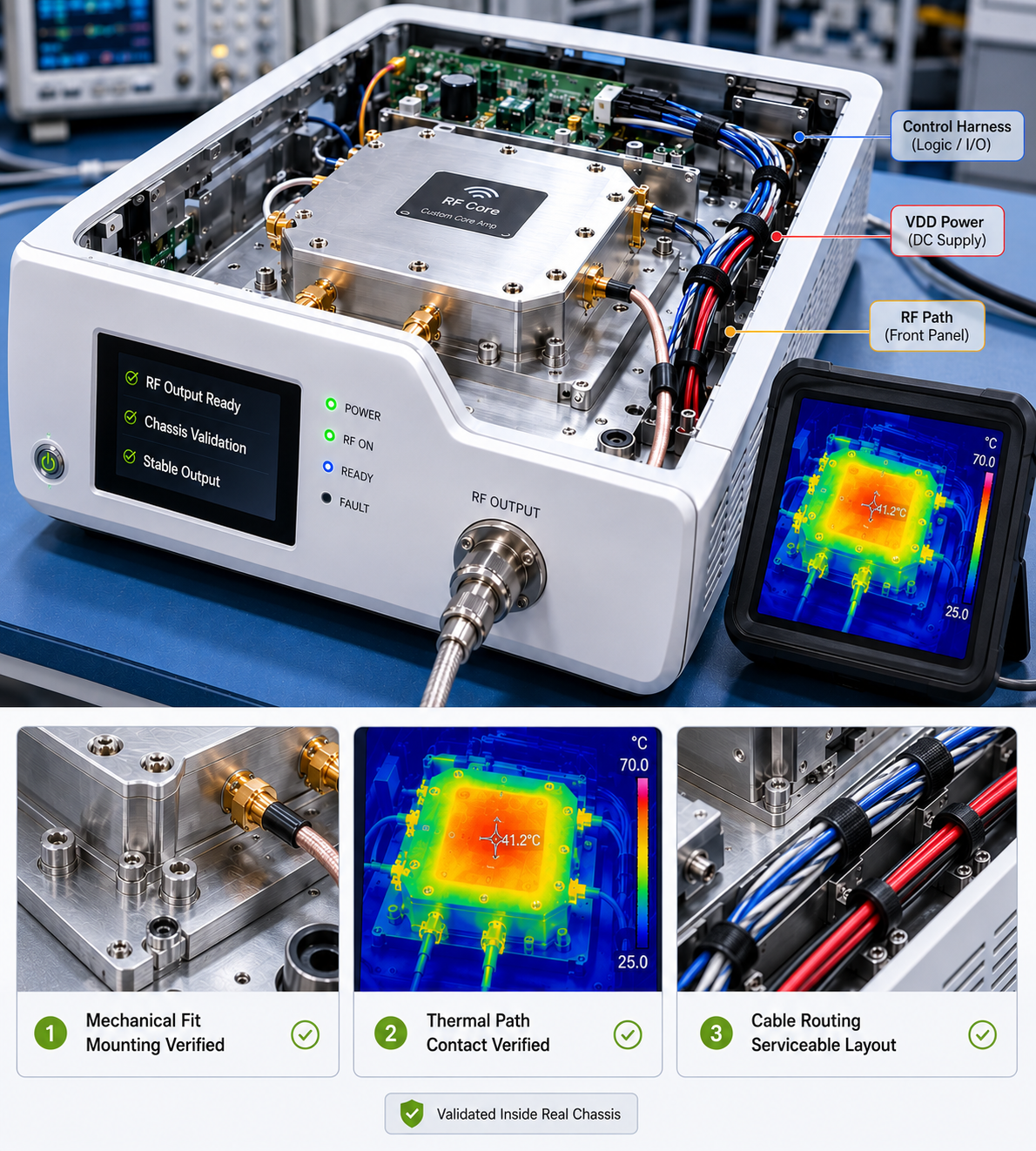 Chassis-level validation of RF core mounting thermal path and cable routing inside a medical RF generator