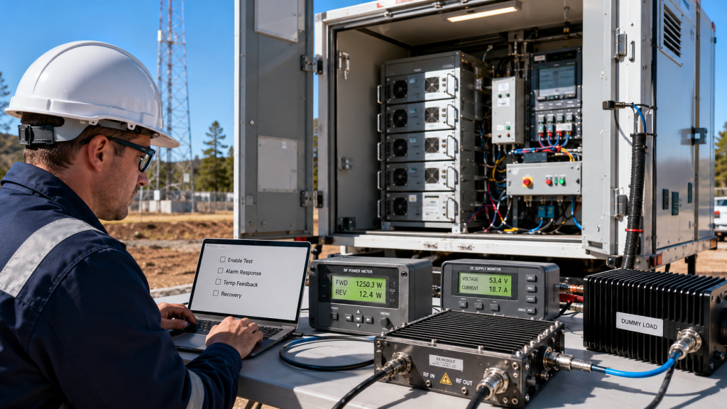RF Power Amplifier control interface planning checklist for enable behavior, alarms, feedback, power adjustment, recovery logic, and load testing