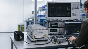 RF Power Amplifier gain flatness testing with full-band sweep, gain curve, output power trend, and test report data