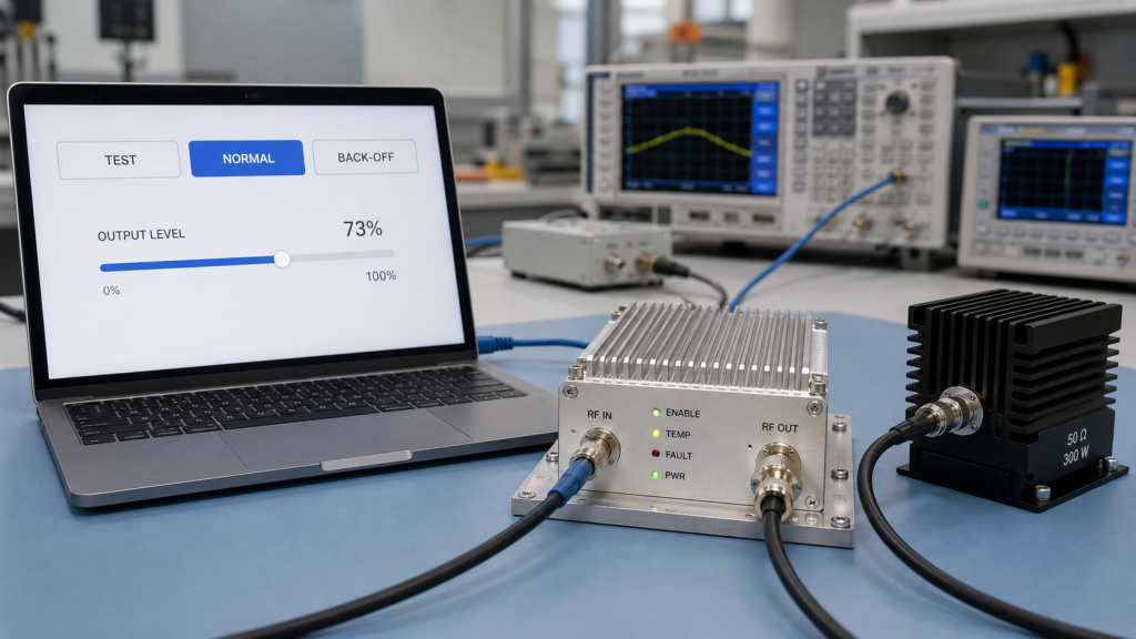 RF Power Amplifier power control helping system integration with adjustable output levels, reduced heat, lower current draw, and test modes
