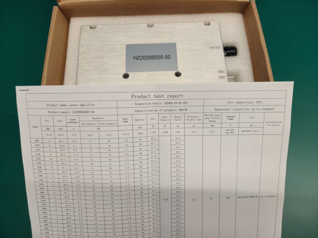 RF Power Amplifier stability verification with sweep testing, thermal profiling, VSWR testing, burn-in, vibration checks, and batch inspection