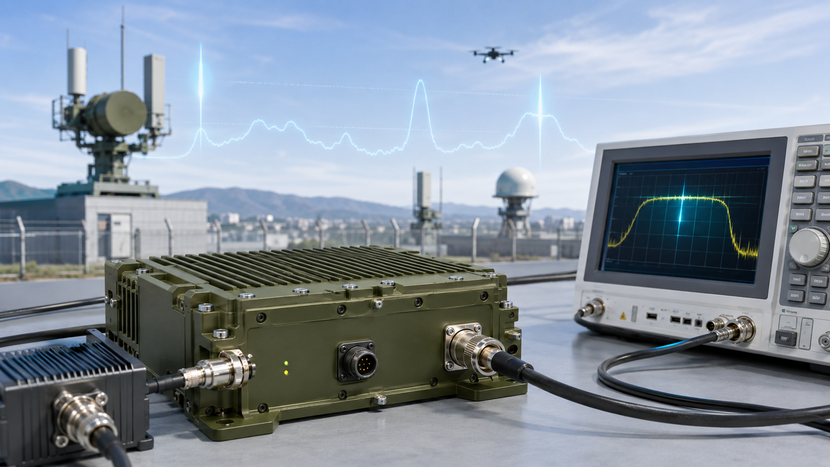 C-UAS RF power amplifier frequency range selection with module, antenna system, and spectrum test setup