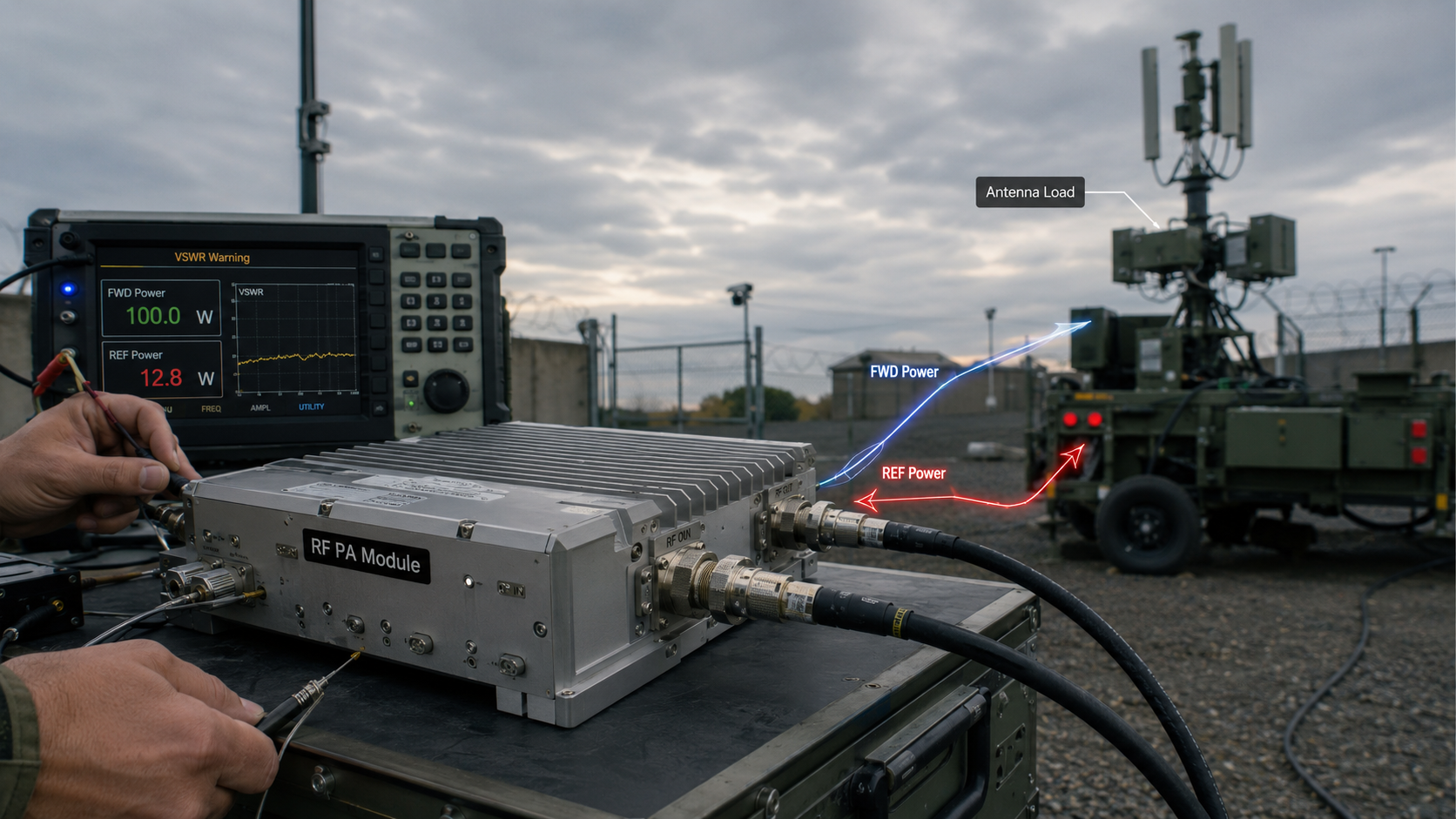 RF Power Amplifier field failure prevention focused on VSWR, antenna mismatch, reflected power, cable quality, and protection testing