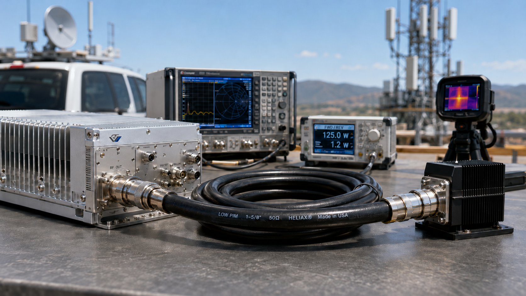 RF Power Amplifier cable grade selection overview showing cable loss, impedance, DC resistance, connector quality, routing, and field reliability