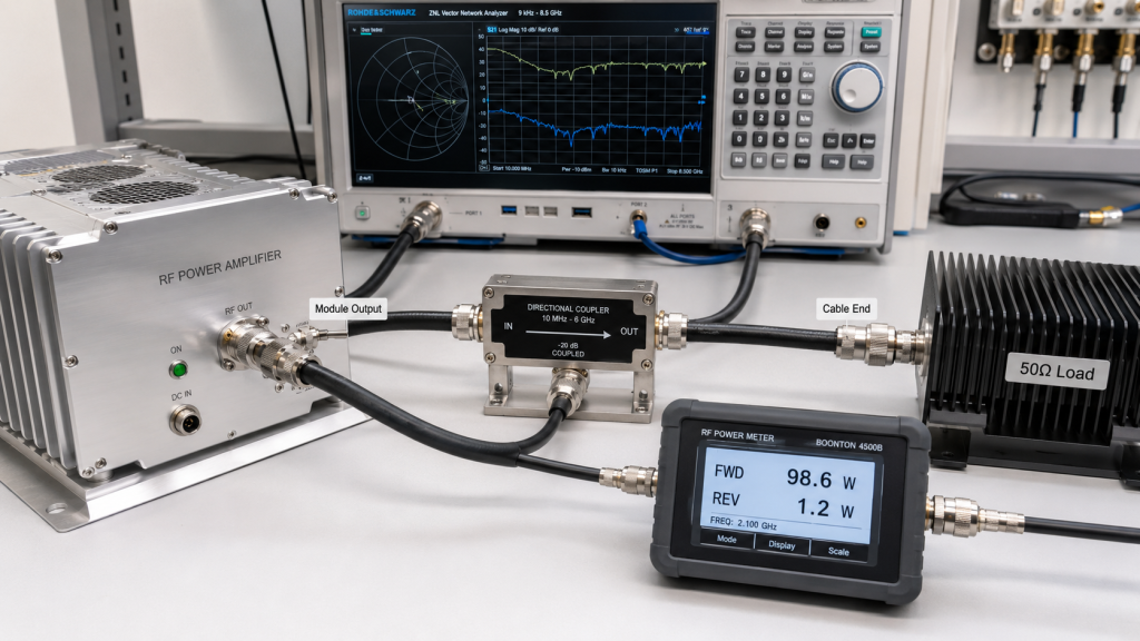 RF Power Amplifier cable routing and installation considerations including bends, tie points, separation from noisy circuits, grounding, and shielding