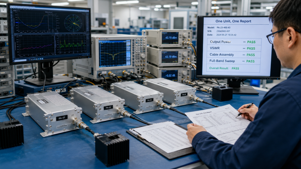 Engineering checklist for RF Power Amplifier cable grade selection covering frequency range, power level, loss budget, connectors, routing, and testing