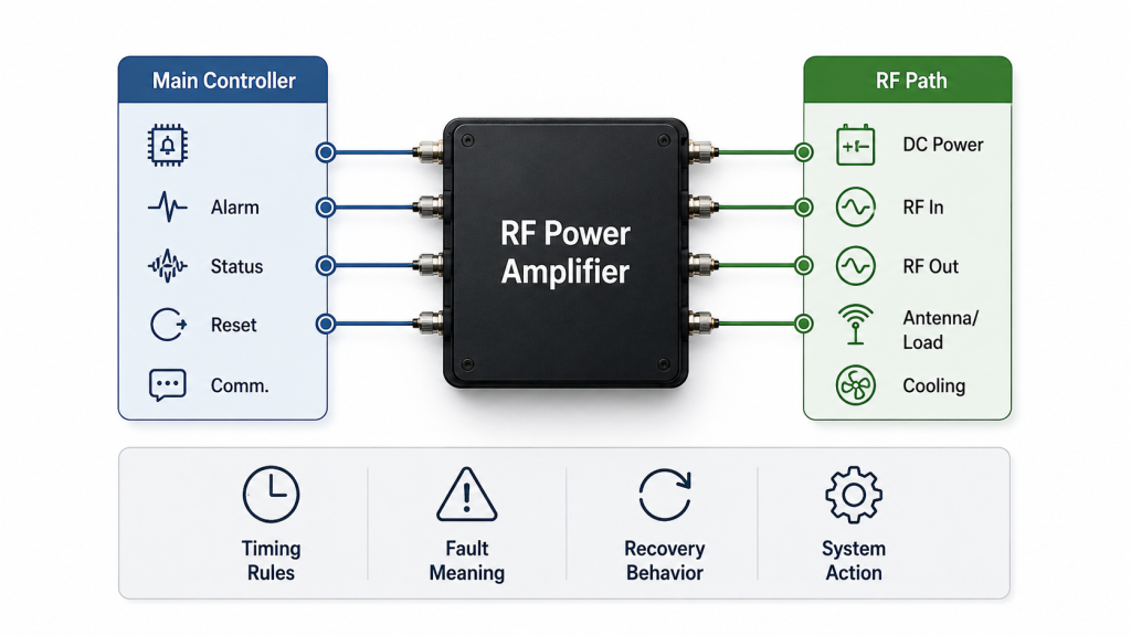 RF Power Amplifier control logic before integration showing how enable, alarm, status, reset, and communication signals connect to system actions