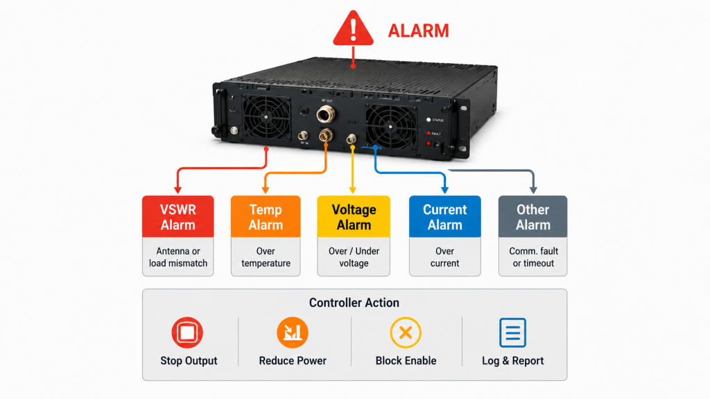 RF Power Amplifier alarm signal logic showing VSWR, temperature, voltage, current, shutdown state, and communication fault categories for controller response