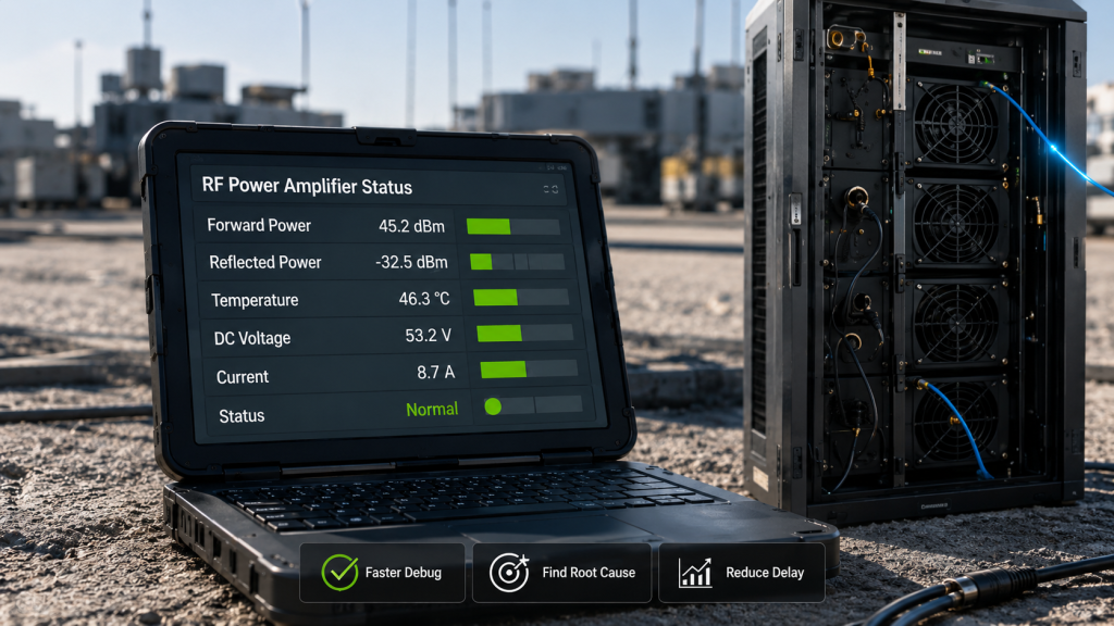 RF Power Amplifier status feedback reducing troubleshooting by showing enable state, RF output state, forward power, reflected power, voltage, current, temperature, and communication health