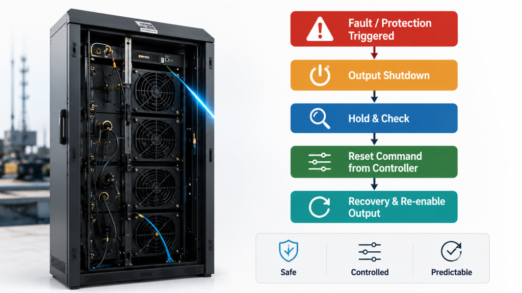 RF Power Amplifier reset recovery logic showing auto recovery, latched fault state, controller reset, power reduction, channel shutdown, and operator notice