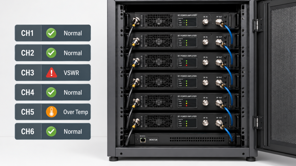 Multi-module RF Power Amplifier logic for C-UAS systems showing per-channel enable timing, alarm identity, status polling, power startup sequence, and channel mapping