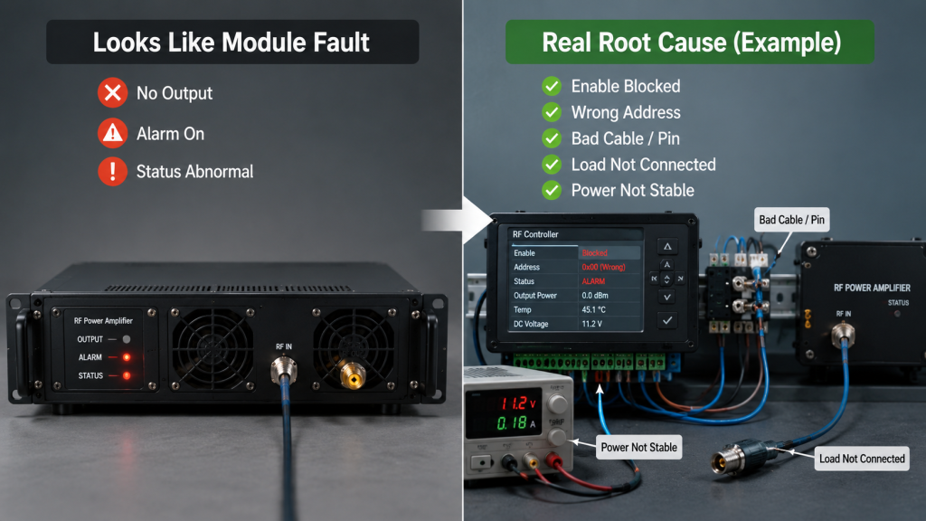 RF Power Amplifier false fault control logic showing no output from unmet enable conditions, alarm from load mismatch, missing reset, protocol mismatch, and wrong channel address