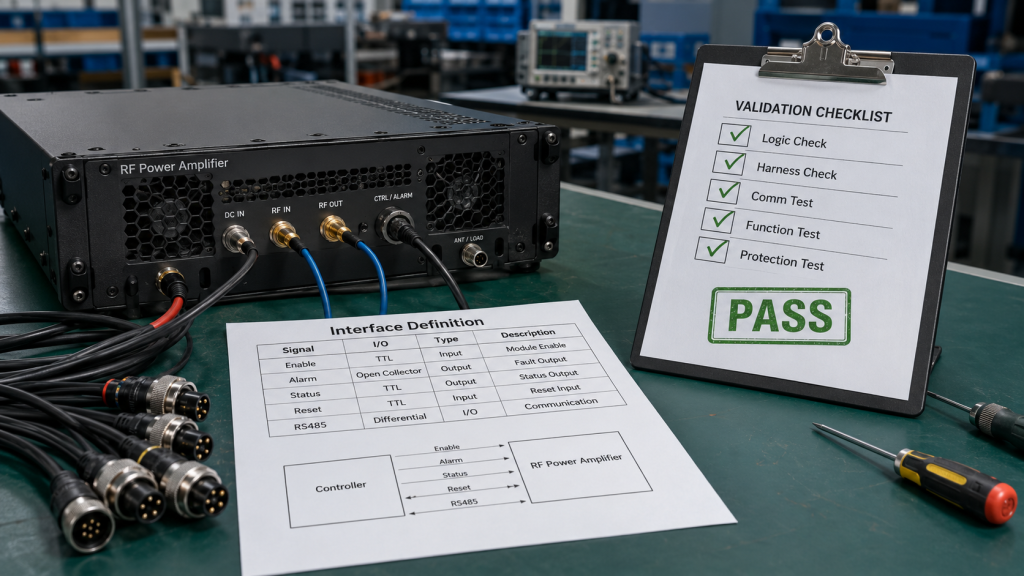RF Power Amplifier control logic production checklist covering startup logic, fault classification, readable data, recovery rules, communication plan, harness pinout, signal level, and acceptance test steps
