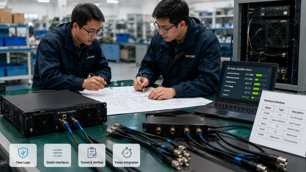 RF Power Amplifier supplier integration support showing pin definition, alarm notes, status map, reset behavior guide, communication command support, harness advice, and factory validation data