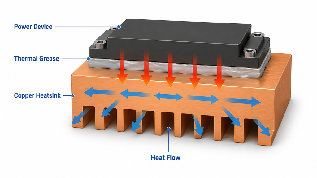 Copper heatsink thermal contact with RF amplifier grease