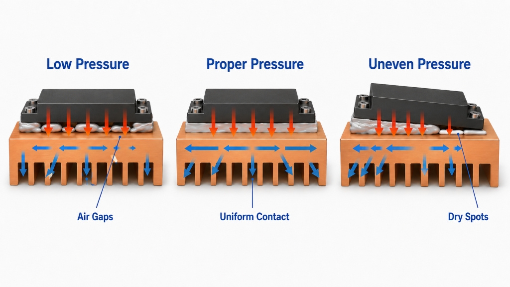 Screw pressure controlling thermal grease contact in RF amplifier