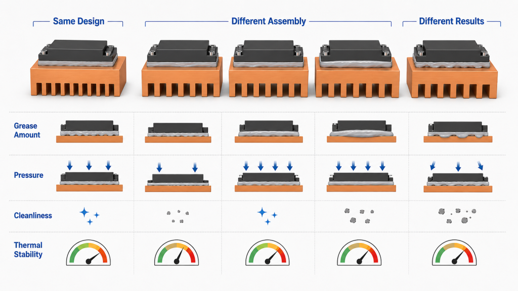 Consistent thermal grease application across RF amplifier units