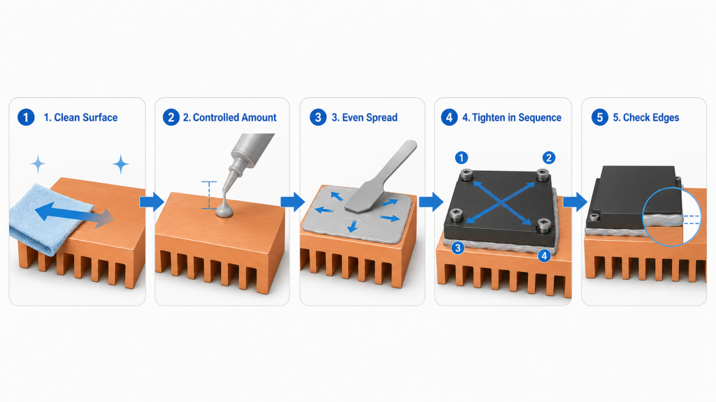 Engineer applying thermal grease to RF amplifier contact