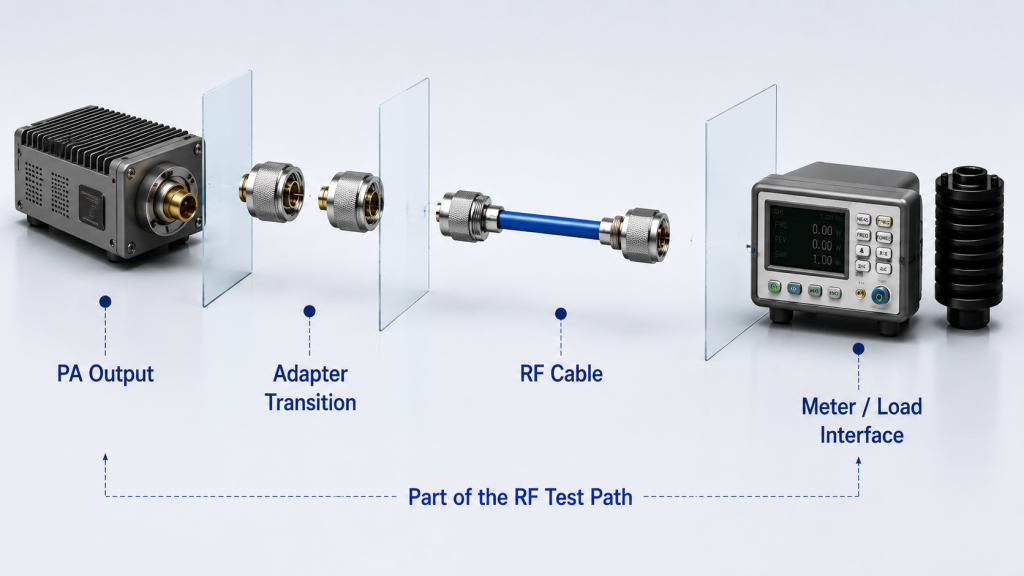 RF Power Amplifier test setup showing adapters, cable, power meter, and dummy load as one RF measurement path.
