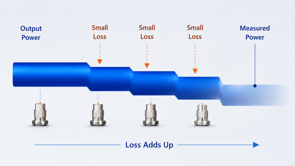 RF Power Amplifier test chain illustrating how multiple adapters increase insertion loss and reduce measured output.