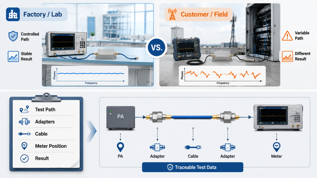 Factory and customer RF Power Amplifier test setups with different adapters, cables, and measurement paths.