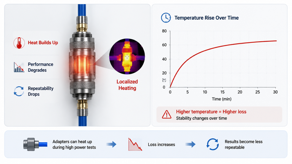 High-power long-duty RF Power Amplifier test showing adapter heating risks.