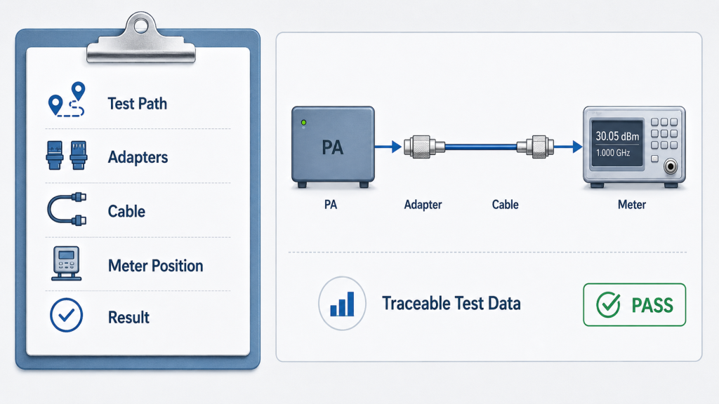 Test report documenting RF Power Amplifier adapter count, type, cable length, load, and measurement position.