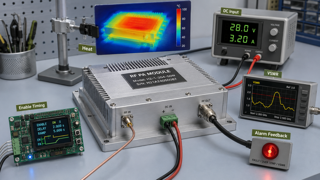 RF PA module showing DC input, heat, VSWR, enable timing, and alarm feedback factors that can cause drone jammer module burnout.