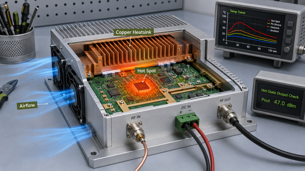 Drone jammer module thermal stress check with airflow, hot spot, copper heatsink, temperature trend, and hot-state output review.