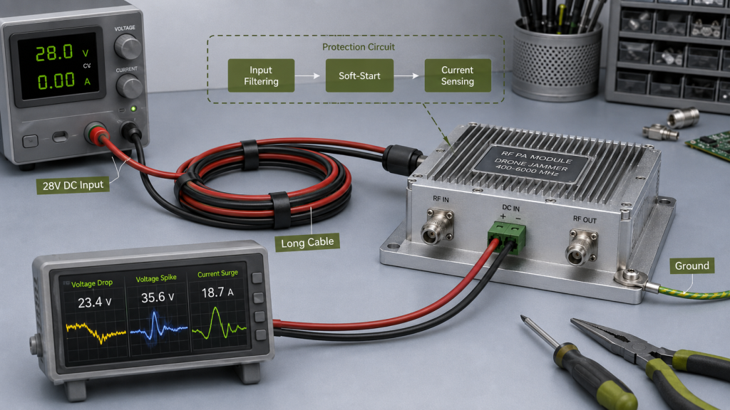 28V DC input test showing voltage drop, voltage spike, current surge, and protection circuit checks for drone jammer module burnout prevention.