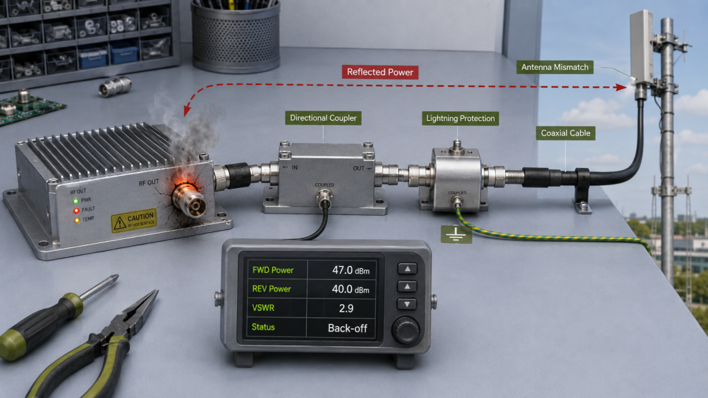 Drone jammer module VSWR fault test showing reflected power, antenna mismatch, feeder path, FWD power, REV power, and back-off status.