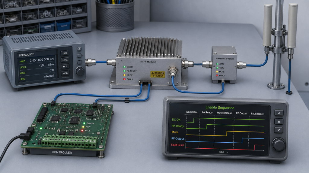 Drone jammer module enable timing sequence showing SDR source, controller board, RF PA module, antenna switch, and safe RF output timing.