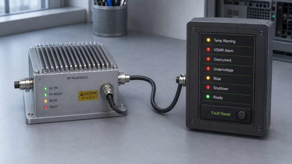 Controller interface showing temperature warning, VSWR alarm, overcurrent, undervoltage, mute, shutdown, and ready status for drone jammer module protection.