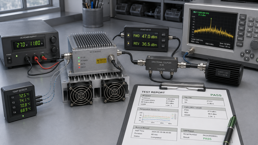 Drone jammer module test evidence setup with DC power supply, power meter, spectrum analyzer, directional coupler, dummy load, and S/N-linked report.
