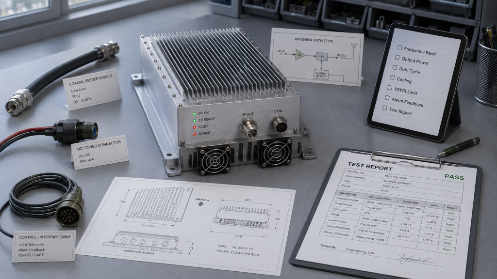 RFQ review checklist for drone jammer module approval covering frequency band, output power, duty cycle, cooling, VSWR limit, alarm feedback, and test report.