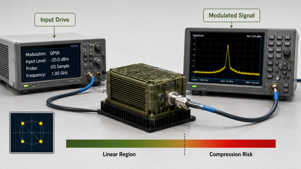 Input drive and modulation condition affect RF amplifier output power, linearity, compression risk, and clean signal behavior.
