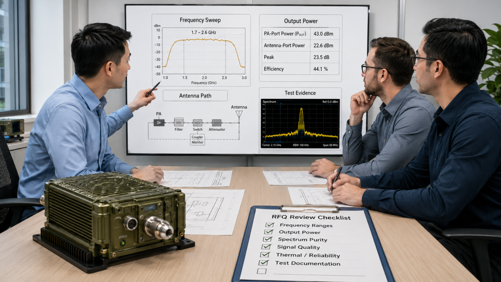 RFQ review for RF amplifier selection should include frequency range, output power, antenna path loss, spectrum purity, signal quality, thermal reliability, and test documentation.