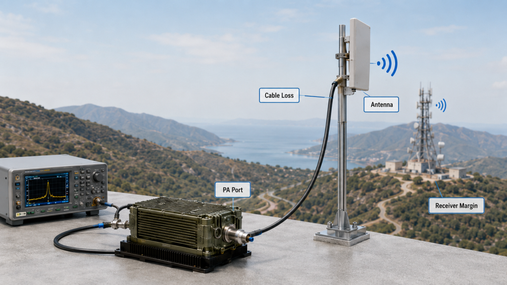 RF amplifier range should be reviewed across the full RF chain, including PA port output, cable loss, antenna gain, and receiver margin.