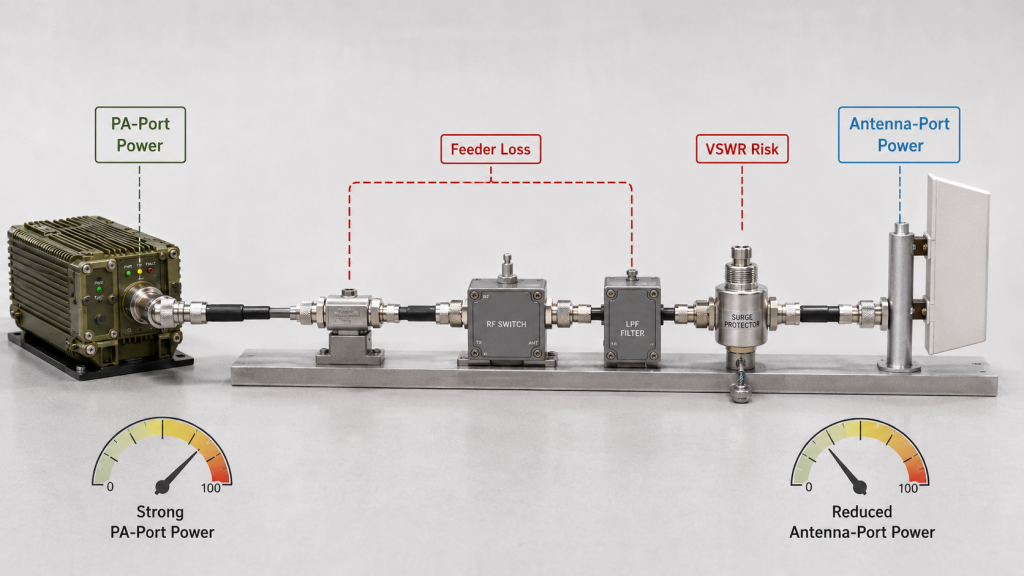 PA-port power and antenna-port power are different because feeder loss, connector loss, switch loss, surge protection, and VSWR can reduce delivered RF power.