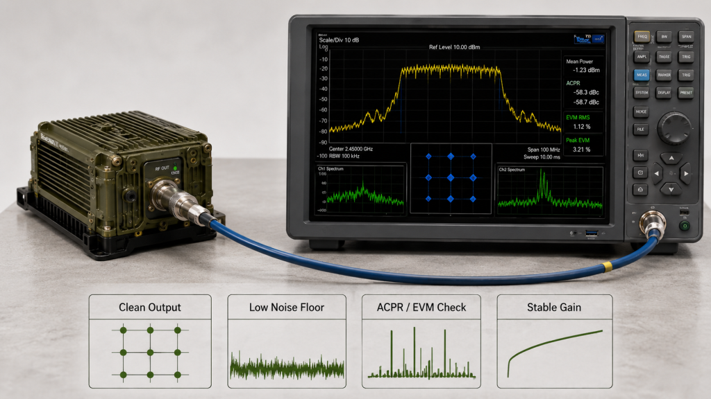 Clean RF amplifier output should be checked with low noise floor, ACPR or EVM evidence, harmonic behavior, and stable gain.