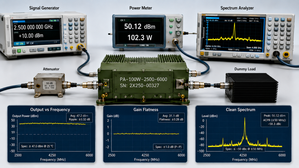 RF power amplifier reliability test setup measuring output power, gain flatness, and spectrum