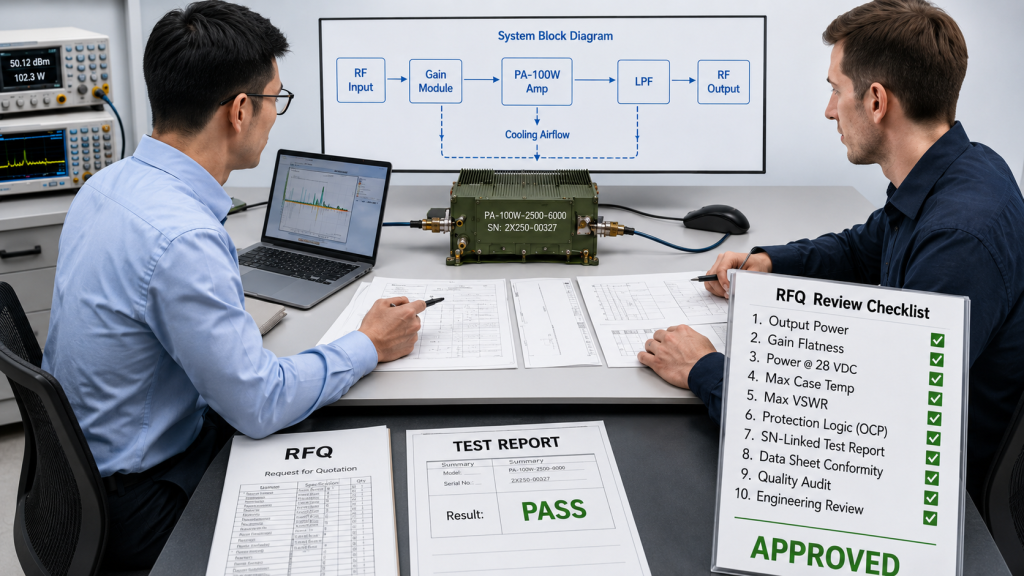 RFQ review and approval process for RF amplifier reliability, including system block diagram, output power, gain flatness, max case temperature, VSWR, protection logic, burn-in record, and test report.